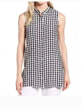 Eileen Fisher Organic Linen Top Gingham Sleeveless Tunic Back White Size Large